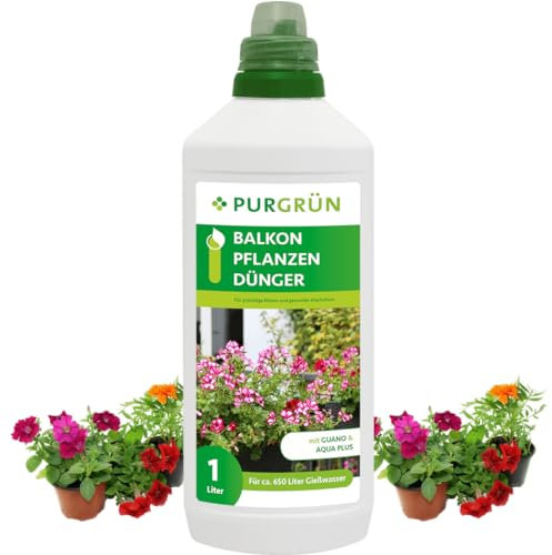 Purgrün® Balkonpflanzen-Dünger 1 Liter – Organisch-mineralische Rezeptur – Premium-Flüssigdünger mit Spurennährstoffen – NPK 8+8+6 – – Mit Guano & Aqua Plus – Für üppige Blüten & starkes Wachstum