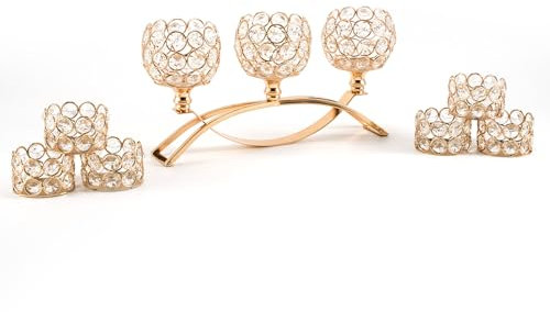 VINCIGANT Gold Candle Holders, 3-Arm + 6 Pcs Crystal Tealight Candelabra for Home, Office, Wedding, Dining Table, Anniversary, Christmas Candelabra Decoration