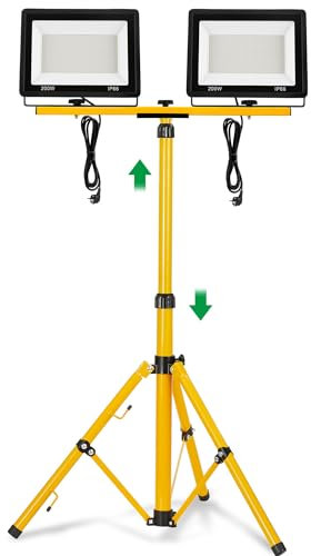 SUBTLETY 2x200W Baustrahler LED Arbeitsstrahler mit 3m Netzkabel & Höhenverstellbar Stativ, Strahler für Arbeitsbeleuchtung IP66 Wasserdicht Flutlicht für Außen Garage Baustellen Werkstatt (Kaltweiß)