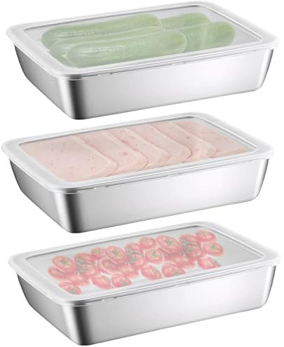 Nivofu 3 Pezzi Vassoio in Acciaio Inossidabile, Scatola per Affettare con Coperchio, Contenitore per Pancetta da Frigorifero, Piatto da Torta, Contenitori per Alimenti per Carne, Verdura, Frutta