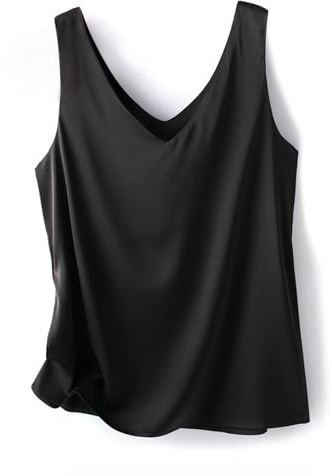 SHEKINI Damen-Tanktop aus Seidensatin, lockere Passform, ärmellos, V-Ausschnitt, lässig, Sommerunterhemd, Schwarz , M
