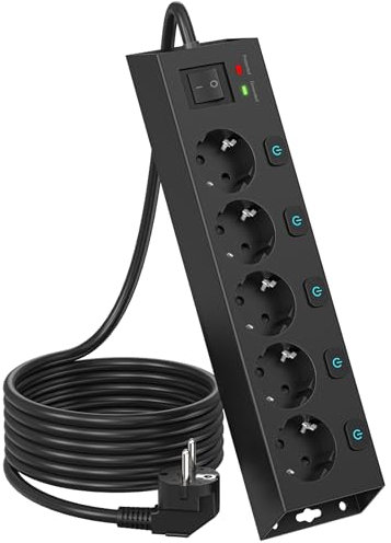 Steckdosenleiste Einzeln Schaltbar, 5 Fach Mehrfachsteckdose Wandmontage mit Überspannungsschutz 1050J Für Heim und Büro, 2M Kabel (Schwarz)