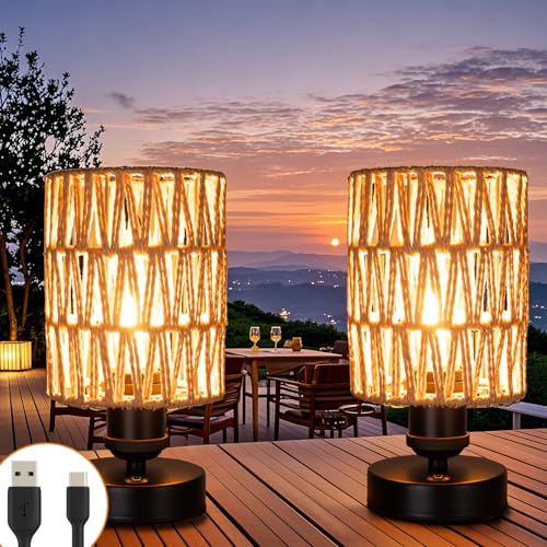 ALL FORTUNE Cordless Rechargeable Outdoor Table Lamps, Battery Operated Table Lamp, Stepless Dimmable for Patio, Living Room, and Bedroom (Bulb Included) - Set of 2 (Beige)