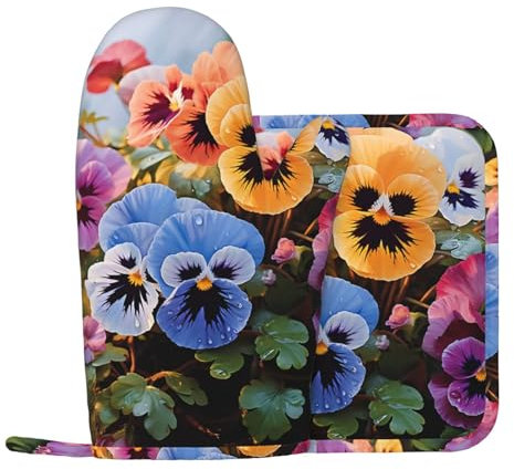 Lot de 2 maniques et maniques en silicone antidérapant et résistant à la chaleur Motif fleurs de pensée