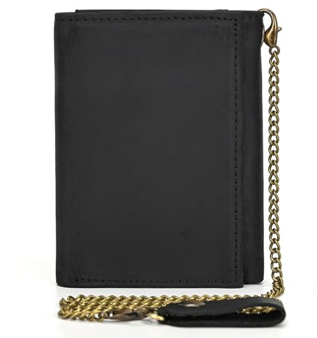 PINKPIN Mens Wallets with Chains, Genuine Leather Trifold Wallet RFID Blocking Anti-Theft Chain for Biker, Motorcycle (Black)