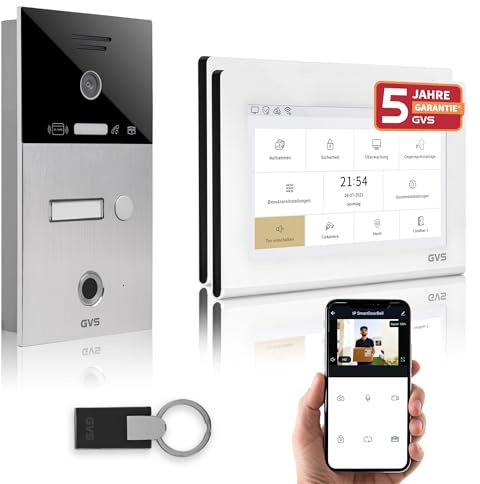 GVS Video Türsprechanlage mit Türöffner, Fingerprint, RFID, 2X 7 Monitore | Smarte Video Türklingel mit Kamera und Monitor & App - Gegensprechanlage für 1 Familienhaus (AVS4472U)