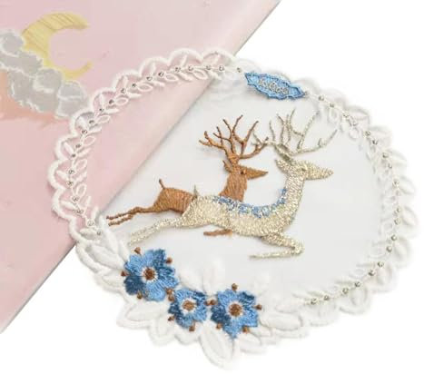 Deckchen für Tische, 4 runde Hirsch-Stickereien, Stickzubehör, blau, 19,5 x 16 cm