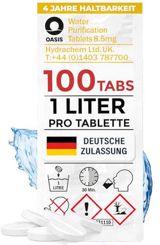 Wicked Chili Travel 1L Wasseraufbereitung Trinkwasser (100 Tabletten) | Wasserentkeimung & Trinkwasseraufbereitung für Wandern & Campen, Notfallrucksack Reiseapotheke, Blackout Notfall Ausrüstung