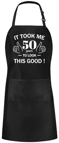 Komergave 50th Birthday Gifts Cooking Aprons for Men, Adjustable Personalised Aprons with 2 Pockets, BBQ Apron for Women Men Husband Son Boyfriend