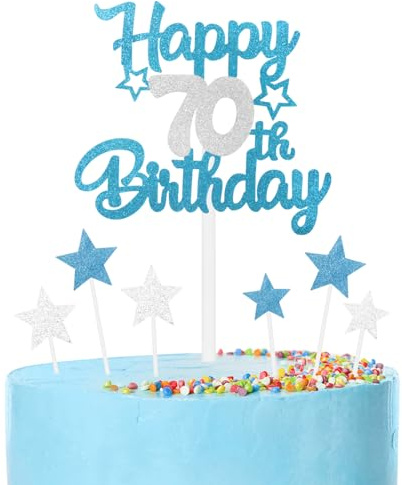 Silver Blue Birthday Cake Topper, Festive and Any Party Number 70 Cake Happy Decoration,Double-sided Shine Men and Women Birthday Celebration Decoration