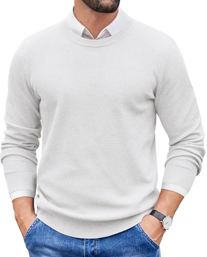 COOFANDY Hombres Jersey de Cuello Redondo Manga Larga Suéter de Invierno Ligeros Informales Jersey de Punto Blanco S