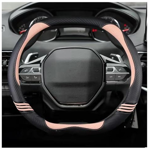 SIMICASE Lenkradabdeckung Carbon Fiber Leder Auto Lenkrad Abdeckung Für Peugeot 508 3008 GT 4008 5008 2017 2018 2019 Für E 2008 2020 2021 Auto Zubehör Lenkradbezug Leder(PINK)