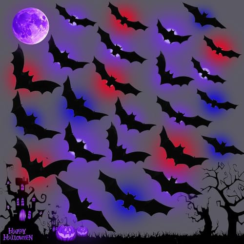 24 Unidades Murcielagos Halloween Decoracion, Luminosos 3D Pegatinas Halloween PVC Murcielagos Pegatinas Pared Decorativas con Luces LED para Interiores Puertas y Paredes Artículos Fiestas (Colorido)