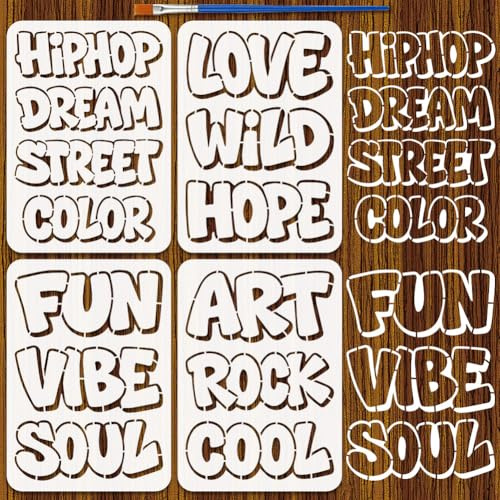 FINGERINSPIRE 4 Pz Stencil per Lettere con Pennello, 21x29.7cm Stencil per Parole Riutilizzabili in PET Stencils in 4 Stili Stencils per Graffiti per Opere D'Arte con Parole Pareti in Legno Fai da Te