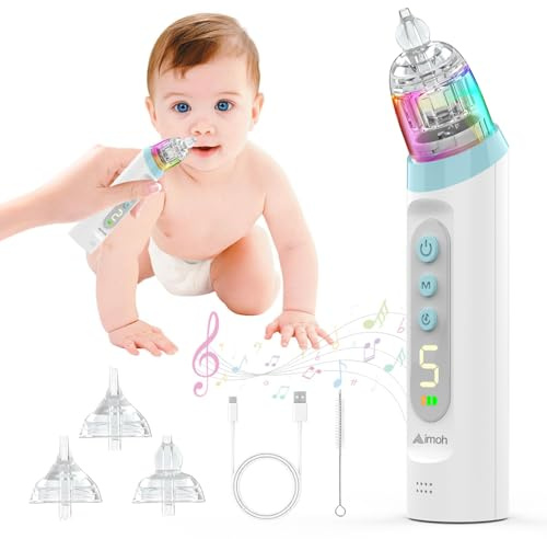 Nasal Aspirator Baby, 5 Adjustable Suction Levels, Baby Nose Suckers with Soothing Music and Light, 3 Silicone Nozzles Electric Nose Sucker for Baby