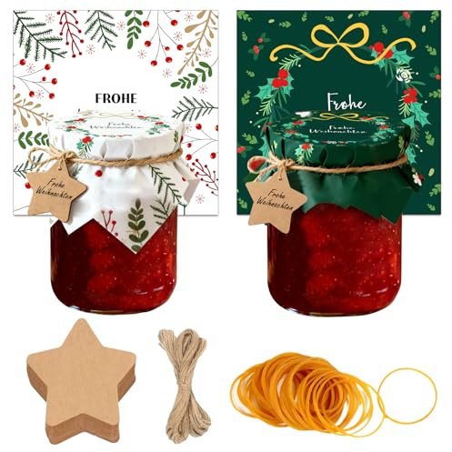PIujsym marmeladengläser klein Weihnachten Geschenkanhängern Set, 40 Deckchen 15cm mit 20m Juteschnur 50 Gummibänder und 50 Sternanhänger, marmeladengläser weihnachten Deko für weihnachtsgeschenke