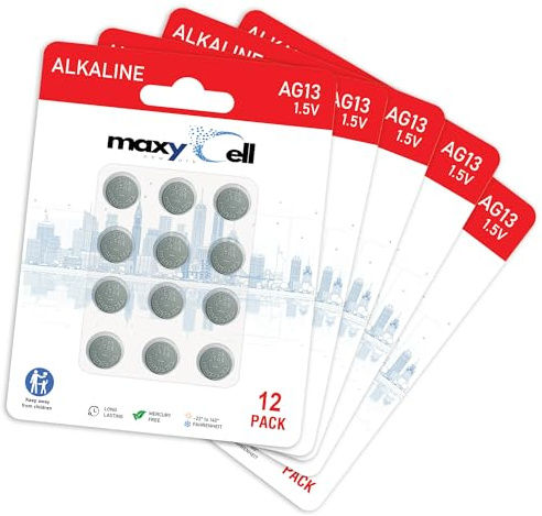 MaxyCell AG13 LR44 Alkaline Button Coin Cell Battery 1.5V Long-Lasting Reliable Power for Watches, Hearing Aids, Calculators, LED Lights, Leak-Proof Design, Long Life CR44 SR44 303 357 675 (60 Pack)