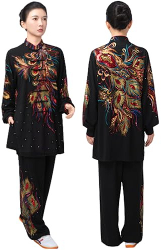 CHUIKUAJ Vêtements de Tai-chi pour Femmes, Uniforme de Kung-fu Traditionnel Brodé de Phénix, Manches Longues, Tenue D'arts Martiaux pour L'entraînement Matinal (Black, XL)