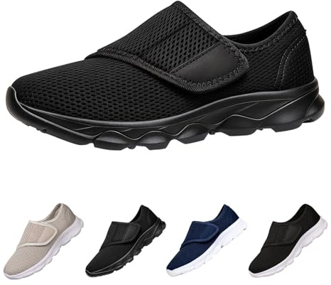 Mens Extra Wide Fit Diabetic Shoes Lightweight Breathable Slip On Sneakers with Adjustable Strap Easy Close Walking Trainers for Swollen Feet Plantar Fasciitis Size 8.5 Black