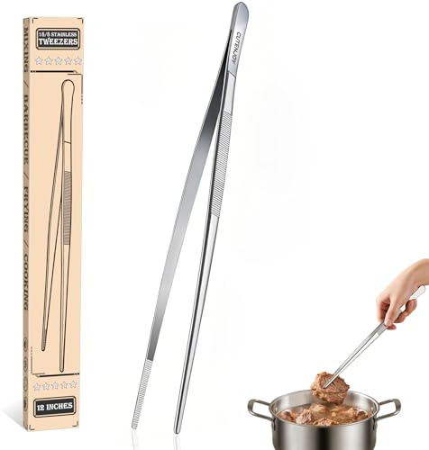 CUTENJOY 12-Inch Kitchen Tweezers, 18/8 Stainless Steel Metal Fine Tweezers Tongs, Professional Cooking Long Tweezers for Cooking, Chef, Serving Food, Grill, BBQ