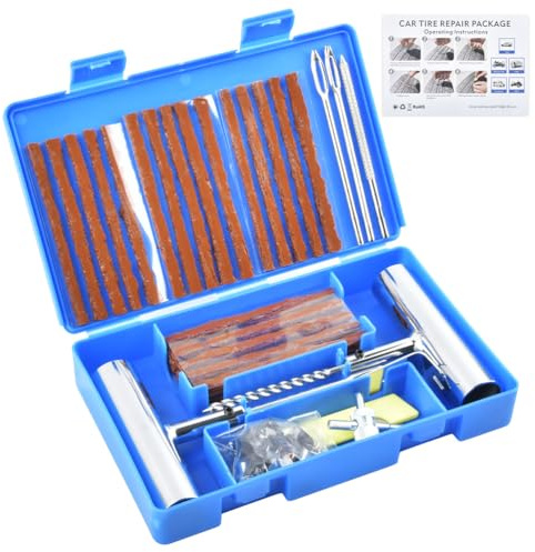 POUMUE 57 PCS Kit Reparation Pneu Voiture, Kit Meche Pneu Voiture Kit Anti Crevaison Voiture, Kit d'Urgence De Réparation Rapide De Pneus Pour Auto, Motos Tout-Terrain, Moto
