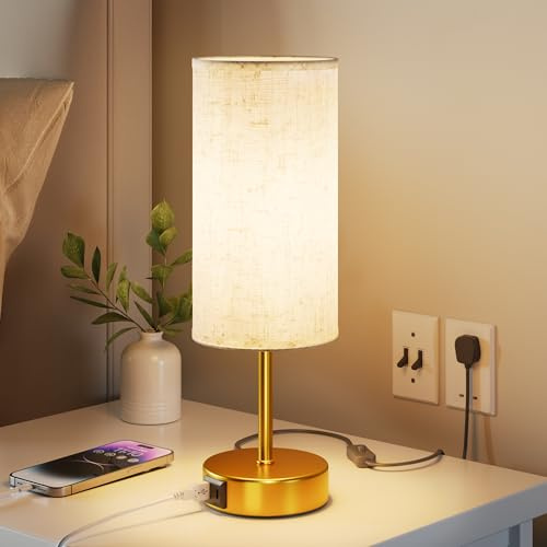 UPXNBOR Bedside Lamp, Touch Table Lamp for Bedroom, Living Room & Office | Desk Lamp with USB A+C Charging Ports, 3-Way Dimmable Touch Lamp, Warm Light, Linen Shade, 1.5 m Cable, E27 Incl., Gold