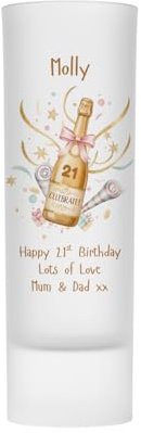 Personalised 21st Birthday Shot Glass - Age 21 Celebrate Champagne Bottle Design, 21st Birthday Gift for Her Girls, 30th 40th