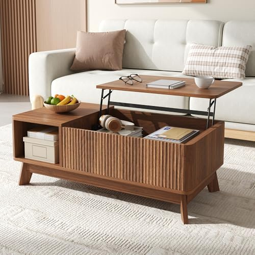 BNUZ Mesa de centro con función elevadora, 48 x 50 x 95 cm, aspecto ondulado, compartimento lateral abierto, estilo moderno, material de madera de densidad media, nogal