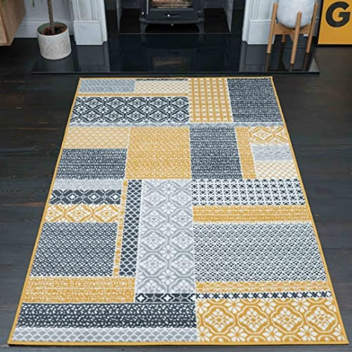 Milan Ochre Mustard Yellow Grey Patchwork Squares Traditional Lounge Living Room Rug 120cm x 170cm