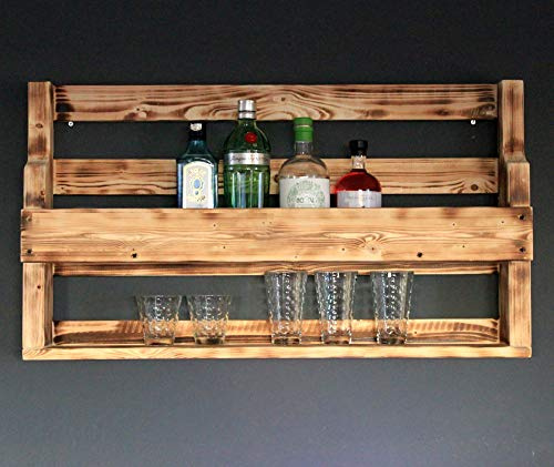 Dekorie Whisky Regal aus Holz mit Gläserhalter Geflammt Industrie Stil fertig montiert Wandbar fürs Esszimmer 90 x 50 x 15 cm
