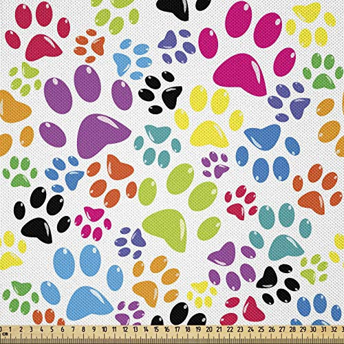 ABAKUHAUS Bunt Stoff als Meterware, Cartoon Hund Pfote Spuren, Seidiger Satin Stoff für Polster Heimtextilien, 1M (148x100cm),Grün Violett
