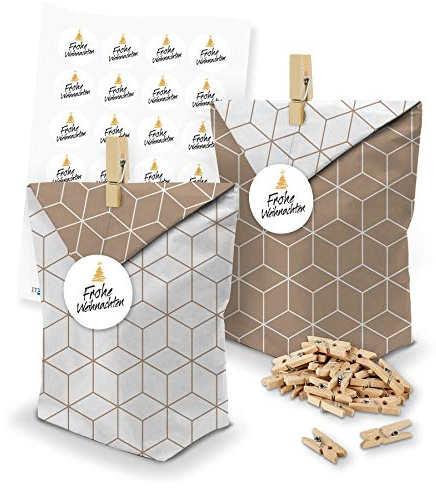 itenga Set 24x Geschenktüten Bodenbeutel aus Papier Bedruckt Muster Geometrie Weiß Braun inkl. 24 Klammern und Motivsticker Frohe Weihnachten - Gastgeschenk zum Füllen und Dekorieren