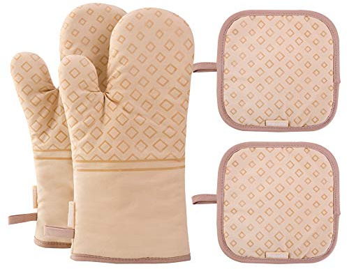 Piduules Set mit 4 Ofenhandschuhen und Topflappen, 482 F hitzebeständige Kochplatte bewegliche rutschfeste Handschuhe für BBQ, Grill, Backen, Kochen, Ofen, Mikrowelle (Beige)