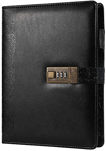 CAGIE Persönliches Tagebuch für Männer mit Schloss, Vintage-Leder-Tagebuch, nachfüllbar, 6-Ringbuch, Notizbuch, 17,8 x 22,9 cm, großes Schloss-Tagebuch für Männer und Frauen, Schwarz