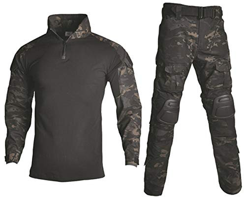 HARGLESMAN Men's Tactical Airsoft Long Sleeve BDU Uniform Set Shirts Snug Fitting Top Shirt Practical Painting Ball Comfortable Breathable Soft Work Hiking Fishing Hunting Outdoor Suits Black Camo XL