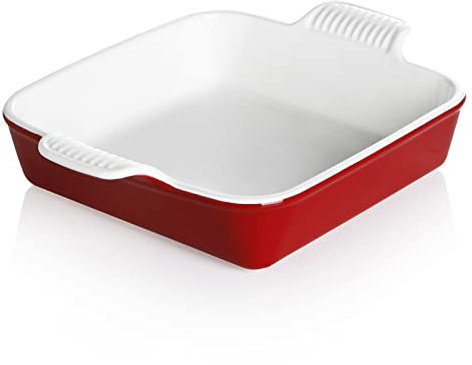 Sweejar Ceramic Baking Dish, 9 x 9 Cake Baking Pan for Brownie, Porcelain Square Bakeware with Double Handle for Casserole, Lasagna, Family Dinner (Red)