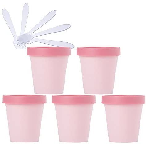 TIANZD 5 Stück 200 ml Pink Leere Dosen mit Deckel Cremedose Kunststoff Schraubdose Tiegel 200 g Leerdose Kosmetische Behälter Maskenschale Tiegel für Mask Mud Badesalz Creme Salbe, 5 Stück Spatel