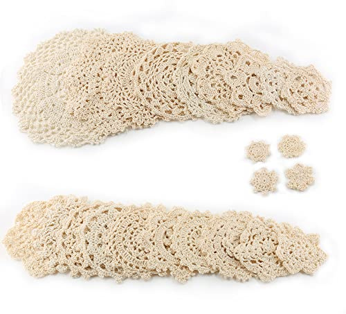 Jiozermi 24 Pcs Hand Crochet Lace Doilies, Handmade Vintage Round Lace Doilies Placemats Snowflake Mini Doilies for Table Decoration, Varied Sizes 2-7 inches, Beige