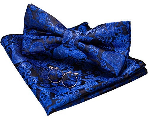 JEMYGINS Set mit Fliege und Einstecktuch mit Manschettenknöpfen, einfarbig, Paisley-Muster, blau, One size