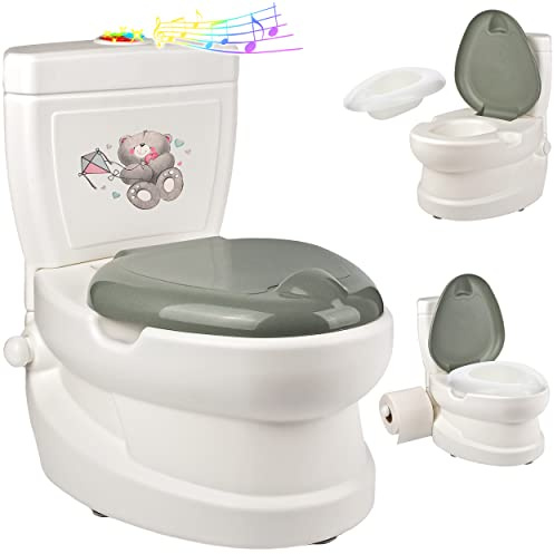 alles-meine.de GmbH Kindertoilette/Töpfchen Spülgeräusch + Licht Teddy Bär mit Wasserspülung Sound - Nachttopf/Babytopf - mit Deckel - weiß - Musik - Toilettentrainer -..