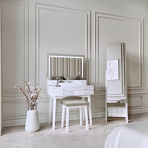 CARME 2 Piece Set Madison x Nikita Dressing Table with Touch Mirror LED Lights & Full Length Mirror Jewellery Cabinet Makeup Storage Organiser Internal LED Lights Drawers Shelf Bedroom Furniture White