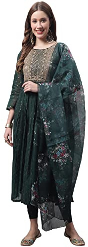 VredeVogel Chanderi Modal Butti Kurta för kvinnor med töjbara leggings och Organza Dupatta Set, Grön, L