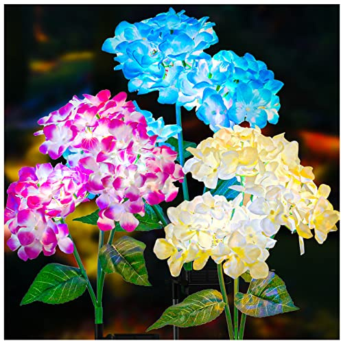 DooYard Lot de 3 lampes solaires de jardin – Version 2023 – Lumières colorées – Fleurs d'hortensia pour décoration de cour, décoration de jardin, deux modes d'éclairage et panneau solaire élargi