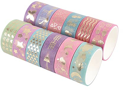 LGEGE 12 Rollen Goldfolie Washi Tape Set, 15mm breit, Schmetterling, Herz, Stern, Wellenmuster, Japanisches Masking Tape Dekor für Scrapbook, Bullet Journal, Geschenkverpackungen, DIY Craft (2m)