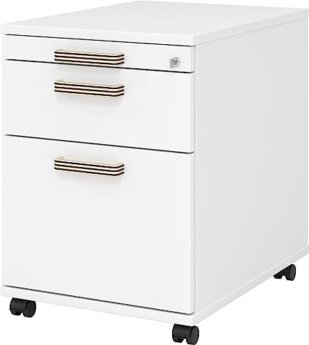 bümö Rollcontainer mit Hängeregistratur, Container abschließbar aus Holz in Weiss - Rollwagen für's Büro mit Hängeregister als Schreibtisch Unterschrank od. Bürocontainer m. Streifengriffe