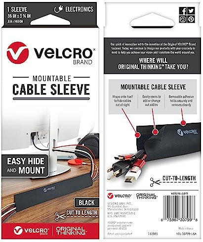 VELCRO Brand | Mountable Cable Sleeves Roll | Cable Tidy | Perfect Desk Organiser for Cable Management | 91cm x 14.6cm | Black