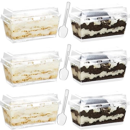 SZHTFX 50Pcs Dessert Cups with Lids+50Pcs Spoons, 4.8oz / 140ml Rectangle Cups Set Mini Dessert Cups Reusable Clear Serving Bowl for Dessert Pudding Party