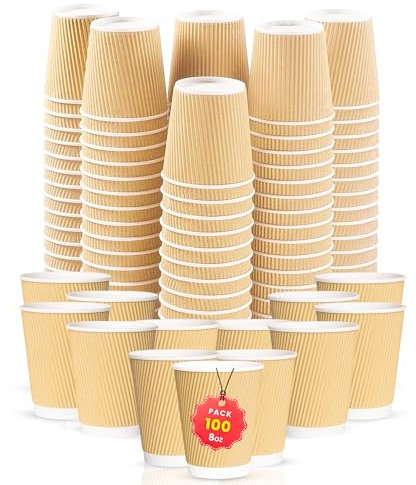 CHEF ROYALE 100 x 8oz Disposable Coffee Cups Without Lids - Takeaway Paper Cups for Hot & Cold Drinks - Kraft Triple Walled Disposable Paper Ripple Cups - Reusable Takeaway Coffee Cups (Without Lids)