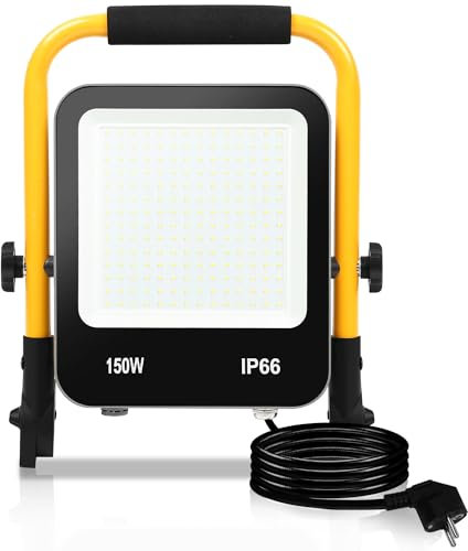 Sonnewelt LED Baustrahler Flutlicht 1 x 150W 13000LM Tragbares Flutlicht Baulampe IP66 Wasserdicht LED Arbeitsleuchte 6000K Kaltweiß mit Stecker, 3M Kabel, Faltbarer Ständer für Baustelle