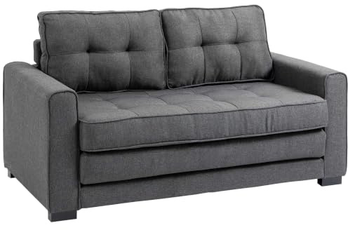 HOMCOM Canapé Convertible 2 Places Canapé-lit, 147,5 x 75 x 85 cm, Gris | Dossier Capitonné, Coussins et Matelas Pliable au Sol, Canapé en Tissu Effet Lin pour Salon, Chambre d'Ami
